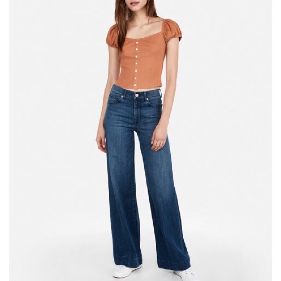 Express Tops - Express Burnt Orange Ribbed Puff Sleeve Crop Top